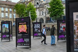 Black Sabbath album covers at the outdoor exhibition in Victoria Square, Birmingham