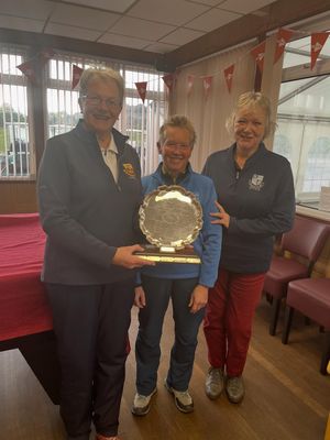 Norma Hughes and June Brydon with the Vera Lloyd Pairs Knockout at Llanymynech, presented by ladies captain Ceri Broughall