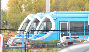 Idle trams at the Midland Metro HQ on Potters Lane, Wednesbury