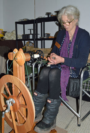 Sarah Stacey of Hedgehog Equipment spinning at Wonderwool Wales