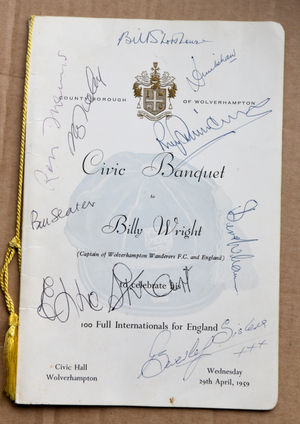A 1959 signed commemorative booklet for Billy Wright's banquet celebrating his 100th cap for England