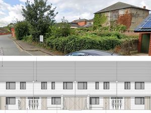 The spot next to Kington\'s former Wesleyan chapel (from Google Street View) and below, how the planned terrace would have looked (Errand Studio, from application)