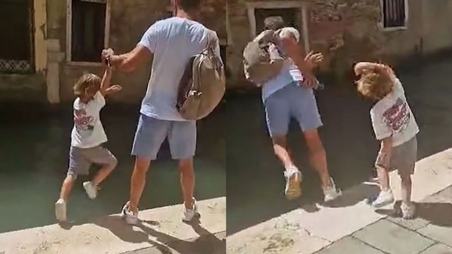 Moment Midlands dad saves son from canal fall then tumbles in himself