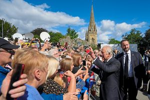 King Charles III meeting well-wishers after attending a service of prayer and reflection at Llandaff Cathedral, Cardiff
