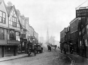 This picture of the bottom of Shrewsbury's Wyle Cop, showing the English Bridge and the Abbey beyond, is dated to 1880. The Hero of Moultan pub visible on the left of the photo is long gone
