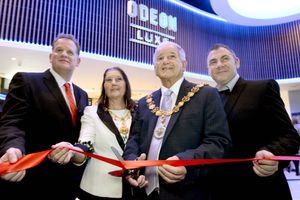 The Mayor of Stafford, Councillor Ray Barron and Mayoress Jenny Barron pictured with Duncan Kerr, Project Manager, Odeon Luxe, left and General Manager Martin Purchase