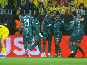 Tottenham’s Pedro Porro, third from right, celebrates