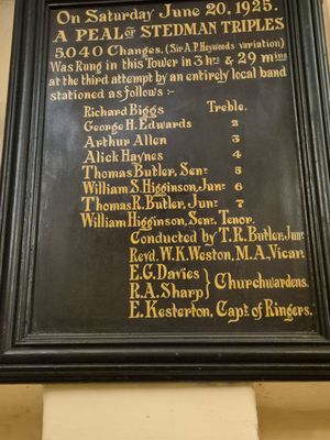 The Peal Board recording the 1925 peal hangs in the ringing chamber at St Mary's