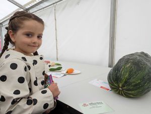 Evelyn Lees, 6 admiring a giant marrow