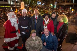 Father Christmas; Able Cadet Kieran Sandhu, Mayor’s Consort Karl Samuels; Mayor of Wolverhampton Councillor Sandra Samuels OBE; Michael Greco and Sofie Anné from Grand Theatre Panto FRONT ROW: Corporal Abigail Hardy and Host Dicky Dodd  101.8 WCR FM. Photo: Wolverhampton Council