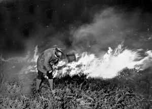 Chase warden Gerald Springthorpe going into action to help out firemen during a heathland fire in April, 1972