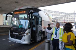 Passengers board a rail replacement bus to Bristol Temple Meads station, at Birmingham New Street station