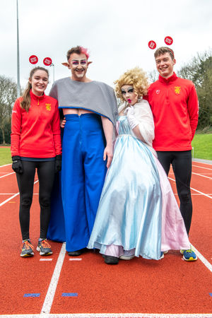 Drag queens Blü Romantic and Petite with students Emma Littlewood and Tom Luxton