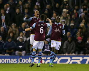 Gabriel Agbonlahor (left) celebrates with his team-mate Ciaran Clark