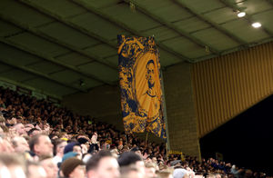 WOLVERHAMPTON, ENGLAND - MARCH 03: Fans display a flag in memory of former Liverpool and Wolverhampton Wanderers player Diego Jota during the Premier League match between Wolverhampton Wanderers and Liverpool at Molineux on March 03, 2026 in Wolverhampton, England. (Photo by David Rogers/Getty Images)
