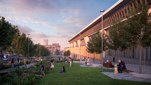 Visualisation showing the proposed landscaped terraces that would run along the side of the new Curzon Street Station in Birmingham. From HS2 press release.