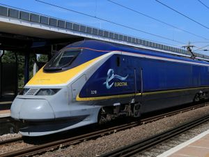 A Eurostar train arrives at Ashford International station in Kent