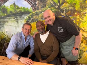 Truffles café owner Nick Barratt (right) with Alexander Armstrong (left) and Lenny Henry (centre).