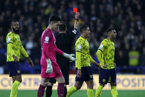 Referee Tim Robinson sends Jake Livermore of West Bromwich Albion off as he shows a red card. (Photo by Adam Fradgley/West Bromwich Albion FC via Getty Images).