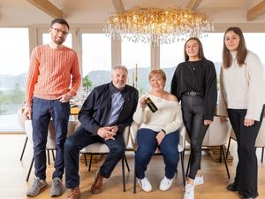 Catherine Carwardine celebrates with family members Chris, Joshua, Charlotte and Mya