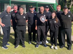 Prince power – skipper Ian Payne with the Elizabeth Taylor Shield and winning team-mates, Charleigh Butler missing due to work back at the Hotel 