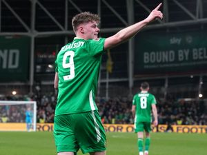 Evan Ferguson celebrates after scoring the Republic of Ireland’s equaliser in a 2-1 Nations League play-off victory over Bulgaria