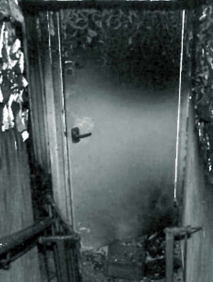 A severely damaged door