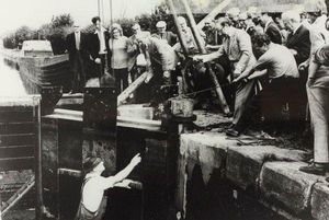 Lock gate being lowered at Engine Lock to mark the start of the restoration of the Caldon Canal. 1973.