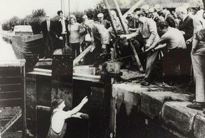 Lock gate being lowered at Engine Lock to mark the start of the restoration of the Caldon Canal. 1973. 