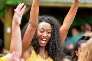 Beverley Knight with pupils at Uplands Junior School
