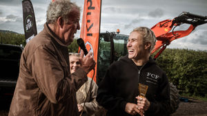 Emily Meakin with Jeremy Clarkson collecting award for Fittest Farmer of the year! 