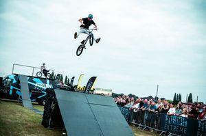 A stunt cyclist wows the crowd in Penkridge