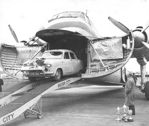 A publicity shot for Coalport firm Nuway - which made the ramp matting - showing the winner of the 1953 Monte Carlo Rally disembarking at London airport from a Bristol Freighter operated by Silver City Airways. 