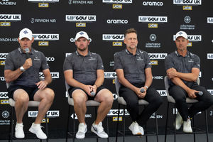 From left to right: Lee Westwood, Sam Horsfield, Ian Poulter, and Henrik Stenson of the Majesticks GC speak at the JCB Golf and Country Club in Staffordshire. Picture: LIV Golf