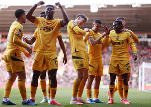 Jorgen Strand Larsen of Wolverhampton Wanderers celebrates with his team after he scores his team's first goal  (Photo by Jack Thomas - WWFC/Wolves via Getty Images)