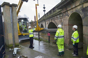 Environment Agency flood engineers put up the River Severn defences in Shrewsbury after the region was hit by more heavy rain.