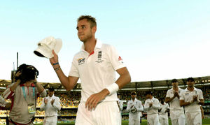 England's Stuart Broad leaves the field after taking five wickets