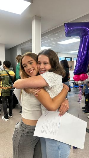 Friends Isabella Williams and Evie Tranter celebrating their grade 8 in Geography