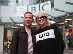 Scott Mills and Zoe Ball outside the BBC