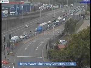 Long queues were visible on the M5 leading up to where the spillage happened. Photo: Motorway Cameras
