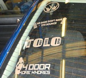 Police issued this image showing distinctive stickers on the car involved
