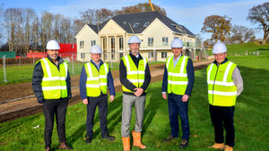 Steve Flavell and Andy Richards from Morris Property (centre and right) at the former Henlle Golf Club site with (from left): Jag Dhandwar from Cushman & Wakefield and Steve Maxim and Edward Blackledge from Cambrian Education Trust