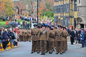 A procession through Shrewsbury including units of HM Forces