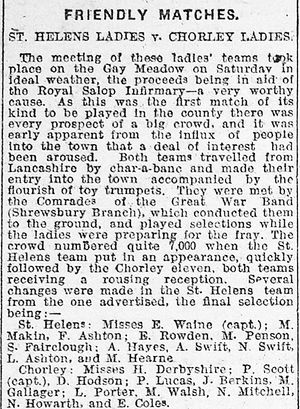 A report of a historic first women's football match in Shropshire in 1921.