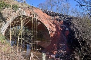 The landslide on the Severn Valley Railway, near to the Astbury Gold Course and Bridgnorth. Half of the edging stones on a bridge have gone as well as the land.