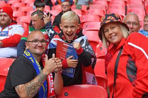 WALSALL COPYRIGHT NATIONAL WORLD TIM STURGESS 26/05/25.  League 2 play off final at Wembley. Wimbledon v Walsall FC. Fans and players in Wembley.