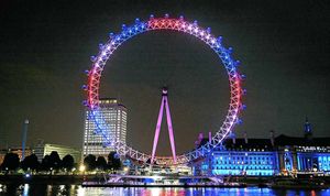 The London Eye lit up in red, white and blue to celebrate