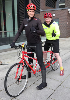  Greg James and Joe Lycett ahead of riding a tandem bike during the Radio 1 Longest Ride challenge for Comic Relief at The Mailbox on March 16, 2026 in Birmingham, England