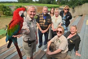 Front: Cybil the parrot and head keeper Alice Spark, Dudley Mayor and Mayoress - Councillor Pete Lee and his wife Gloria; back Staffordshire county and district councillor Victoria Wilson, Jo Judge (from BIAZA), and sitting - Georgia Hollinshead and her mum Caroline Gautier who run the zoo