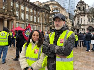 Claire Peden and Michael Agboh-Davison from Unite at the Birmingham bins strike rally on January 27. Credit: Alexander Brock. Permission for use for all LDRS partners.